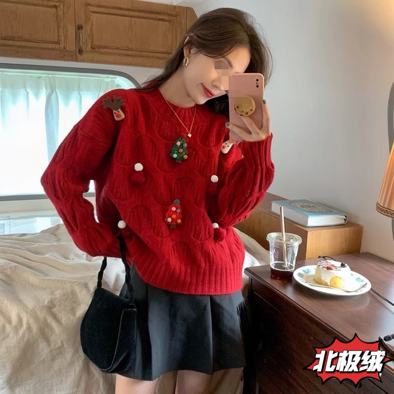Design sense of foreign-style age-reducing red Christmas sweater autumn and winter Korean version of the 2024 new loose long sleeve versatile top women