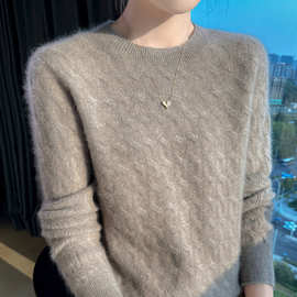 重工麻花毛衣女100纯羊毛衫2025秋冬新款圆领宽松长袖设计打底衫