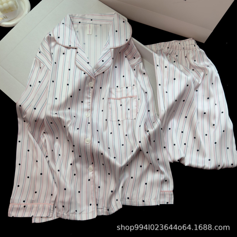 Satin ice silk pajamas for women, Korean style, high-end, sweet, striped, polka dot, long-sleeved home wear for spring and autumn Satin ice silk pajamas for women, Korean style, high-end, sweet, striped, polka dot, long-sleeved home wear for spring and autumn