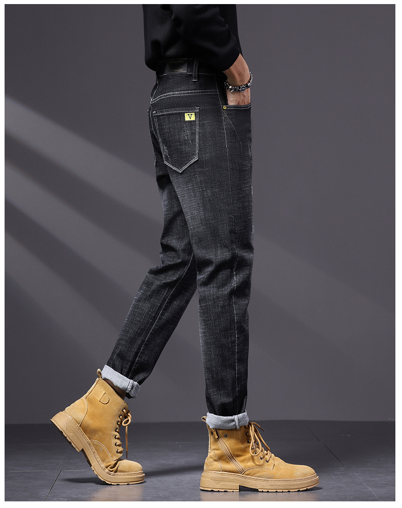 High ed jeas me's tredy brad 2024 Sprig ad Autum ew America black slim fit small foot casual log pats for_voghion.com