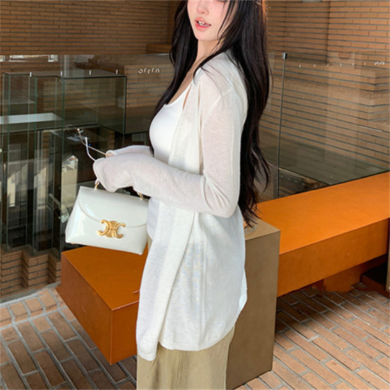Lazy Style Mid-length Knitted Cardigan Women's Spring and Summer Loose Simple Thin Long-sleeved Jacket