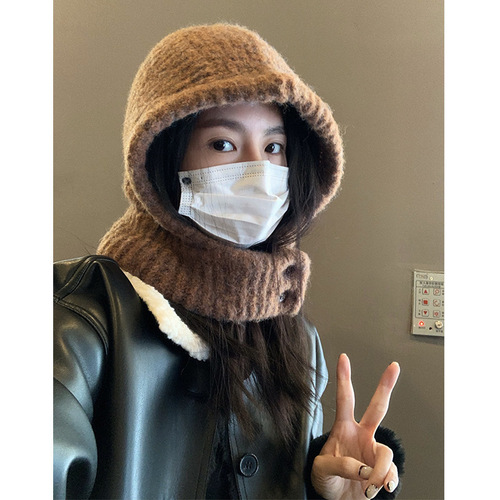 Korean INS style beanie women children's winter hat, knitted warm hat with scarf, one-piece neck protection anti-cold hat for students