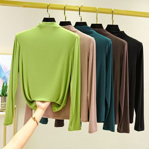 Spring and Summer Bit Cotton High Collar Long Sleeve T-Shirt Loose Women's Top Korean Version Thin Color Base Shirt Large