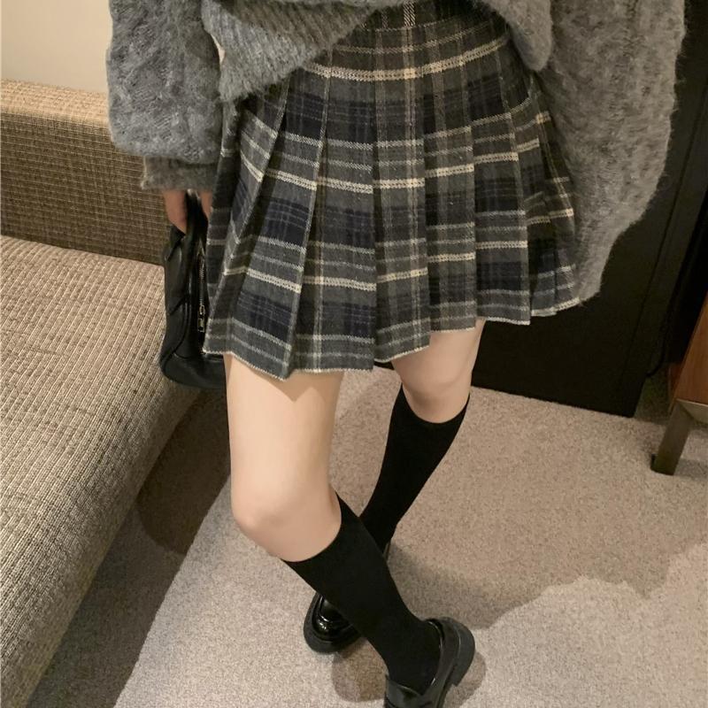 复古格纹毛呢半身裙女大码春秋呢子百褶裙胖mm遮肚防走光a字短裙|undefined
