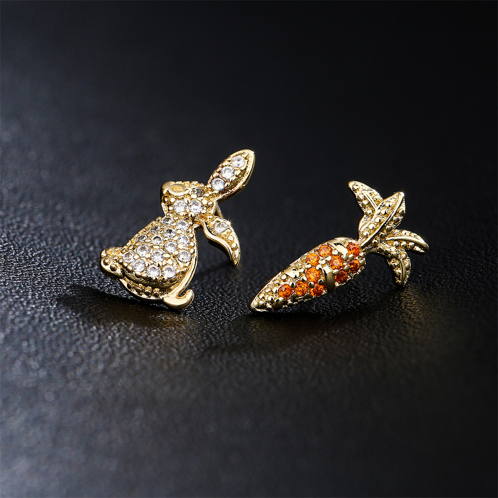 Wedding, Travel Occasion Sweet Cute Rabbit Carrot Shape Copper Plated 18k Gold Zircon Earrings Stud