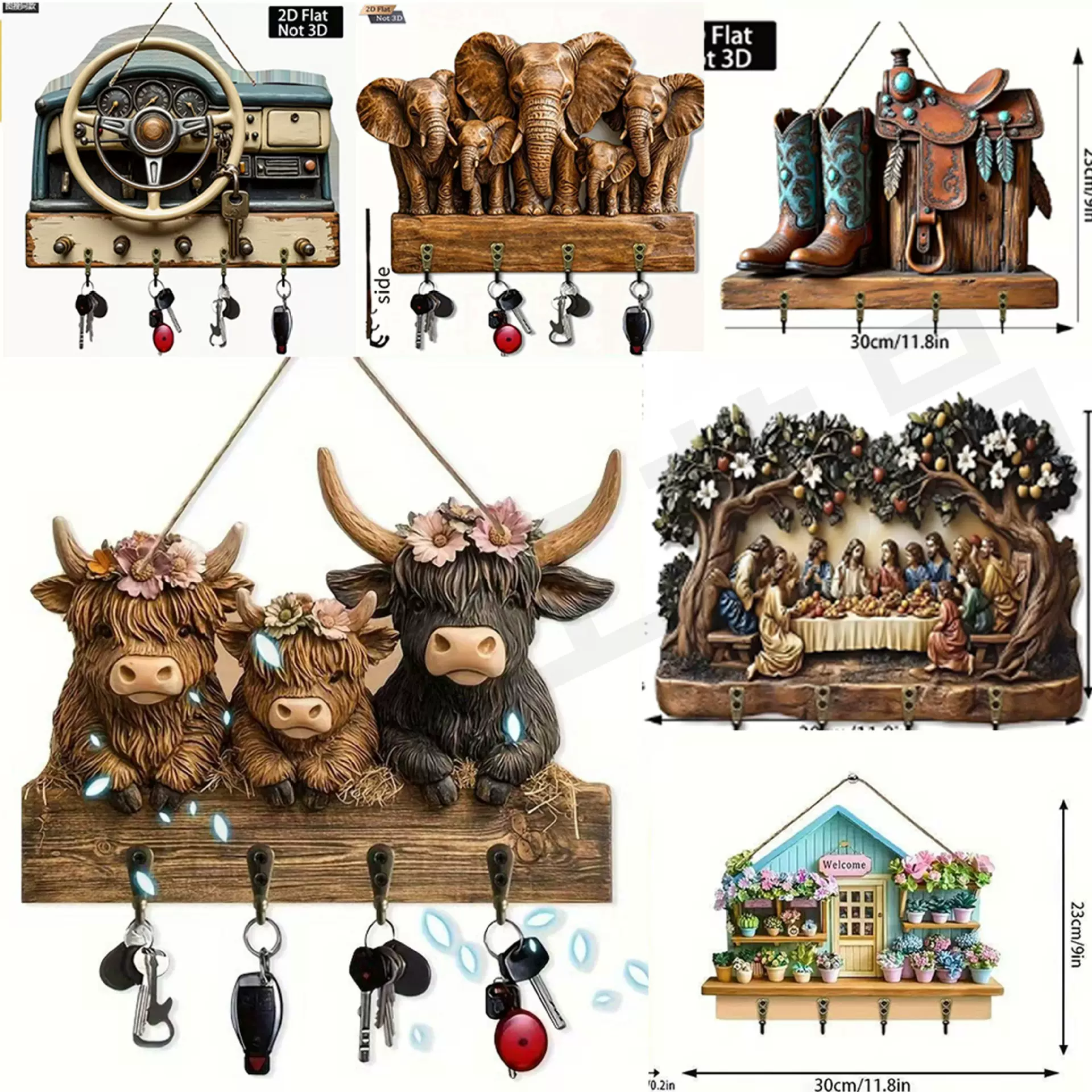 跨境新品多彩木质小屋钥匙挂架平面图形设计客厅装饰木制钥匙挂架