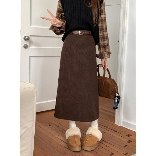 灯芯绒复古美拉德半身裙女秋冬2025显瘦遮胯直筒裙后开叉包臀裙|undefined