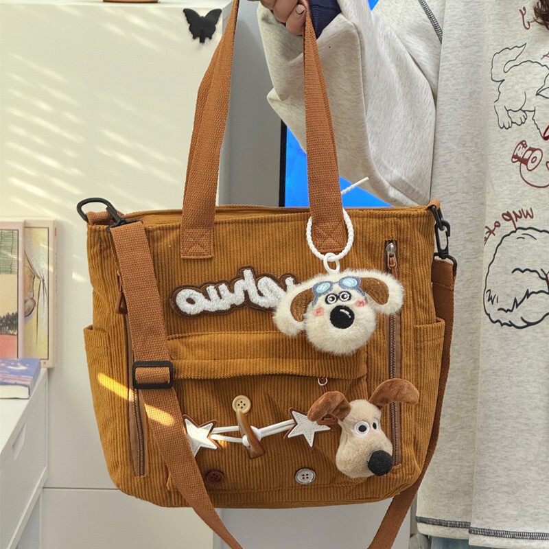 Cute Cartoon Puppy Corduroy Tote Bag Women's 2025 New Winter Large Capacity Work Commuting Shoulder Messenger Bag