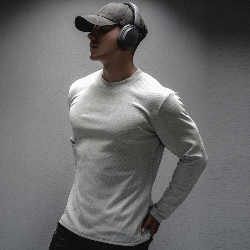 Autumn and Winter Fitness Clothing Men's Warm Sports Long Sleeve Breathable Elastic Solid Color All-match Fitness Outdoor Base Crewneck Sweat