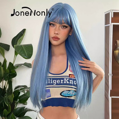 かつら女性 26 インチ新しいロングヘア韓国スタイル Qi 前髪シアンブルーナチュラルシミュレーションフルヘッドギアメカニズム