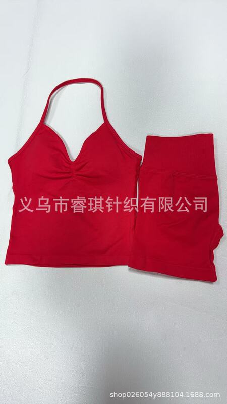 跨境无缝瑜伽挂脖背心 高弹提臀瑜伽健身短裤 长文胸短裤套装批发|undefined