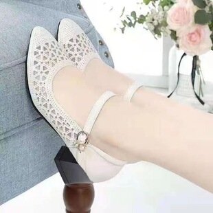 Sandals Women's 2025 New Mid-heel Sandals Mesh Sandals Hole Shoes Hollow Breathable Single-layer Shoes Thick Heeled Soft Sole Mother