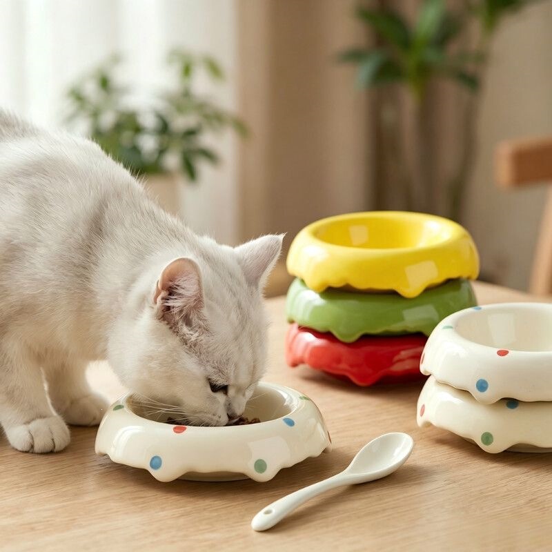 Ceramic food bowl for sweet cats, pet bowl with high diameter to prevent tipping, cute water and food double bowl Ceramic food bowl for sweet cats, pet bowl with high diameter to prevent tipping, cute water and food double bowl