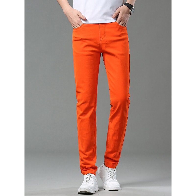 High-End European Style Spring New Bright Orange Jeans for Men, Embroidered Trendy Slim-Fit Casual Orange Long Pants