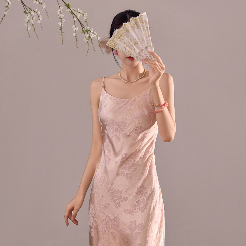 National Style Suspender Dress Summer High-End Rayon Dark Pattern Jacquard Long A-Line Suspender Dress for Women M6068