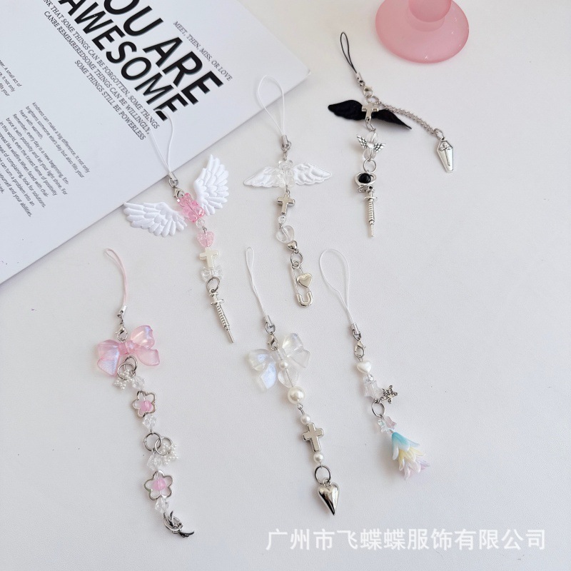 Y2K Millennial Style Sweet and Spicy Wings Pendant Card Holder Chain Mobile Phone Chain Cross Beaded Ornament