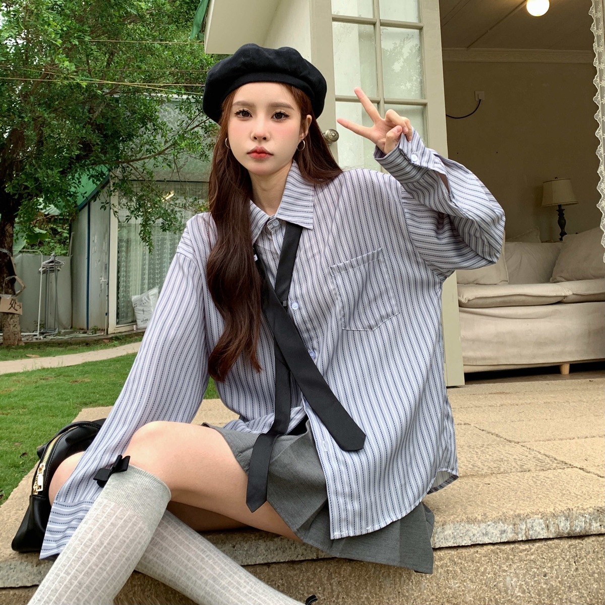 实拍春夏季复古条纹衬衫女学院风宽松休闲衬衣外套ins+领带