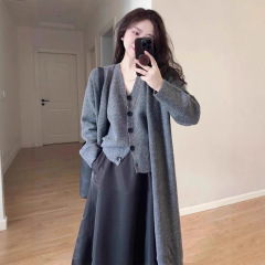秋冬新款时尚慵懒风韩系设计感针织两件套女毛衣外套马甲女装套装