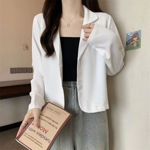 Women's Khaki Color Small Suit Jacket Spring and Autumn Korean Style Versatile High-end Short-Sleeve Top for Petite Figures