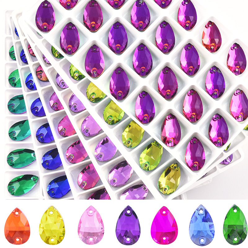 跨境双孔水晶彩钻 水滴超闪水晶平底钻 婚纱服装饰品平扣水钻七彩