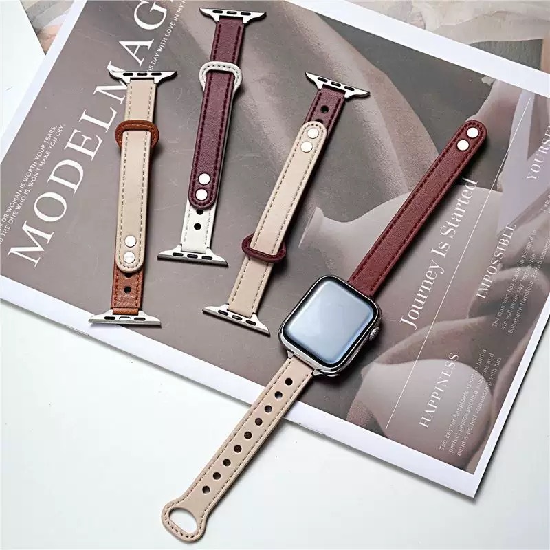 Suitable for Apple iWatch Smart Watch with Thin Leather Color-Blocked Bracelet, Double-Studded, High-End Universal Style