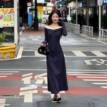 韩系蕾丝拼接一字领长袖连衣裙子女2025秋季修身打底a字长裙子秋