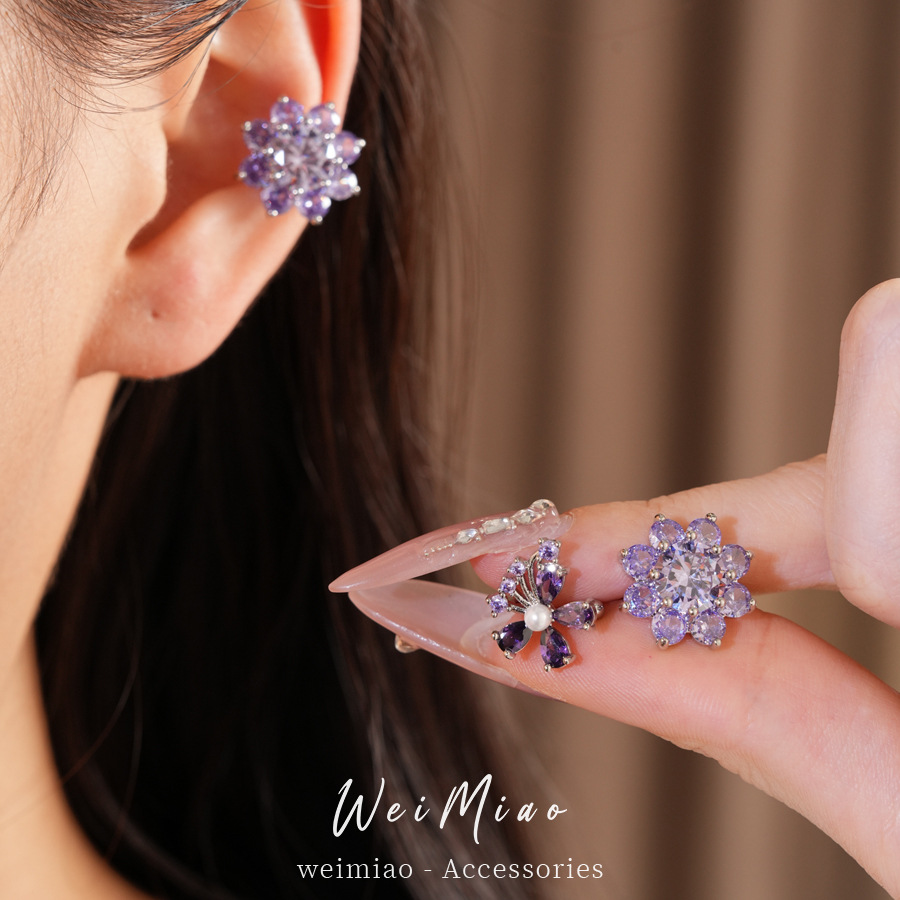 Zircon púrpura flores redondas orejas hueso clips mujeres sin agujeros de orejas temperamento delicado pendientes ligeros de lujo alta sensación auriculares al por mayor