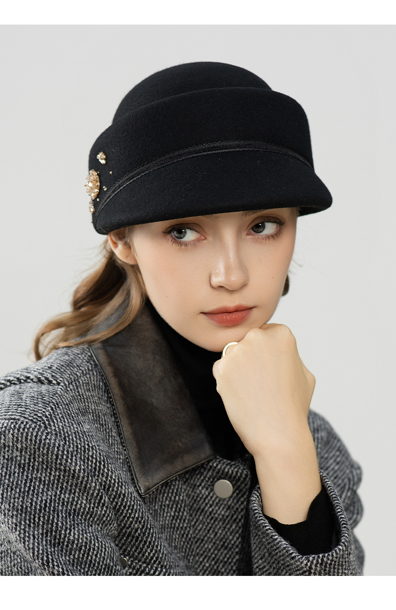 Mũ beret nữ kiểu Hepburn Pháp len đen họa tiết hoa mùa thu đông — cơm trộn chi tiết 7