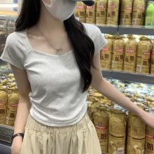 彩娜儿2024早春新款小衫插肩方领褶皱设计感短袖T恤女装上衣夏季