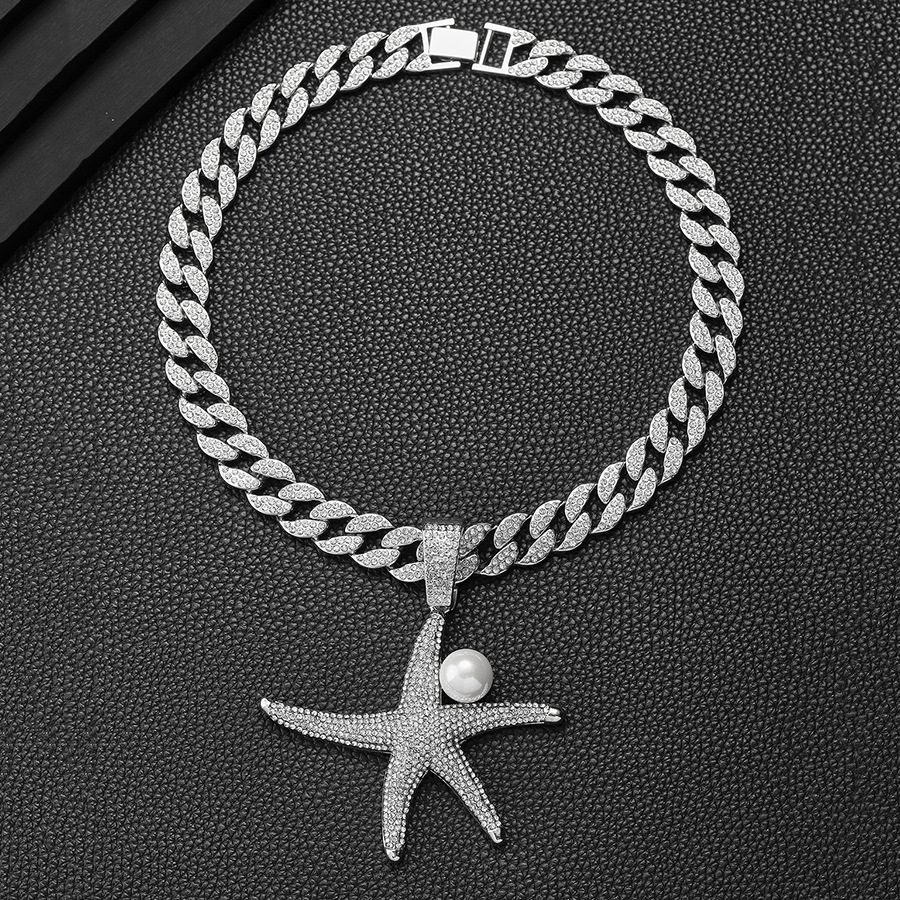 Environmentally friendly alloy personalized full diamond marine organism starfish watch buckle Cuban necklace jewelry_voghion.com