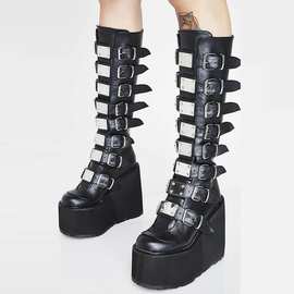 独立站外贸长靴2021新款欧美金属扣带厚底高筒靴女亚马逊大码女靴