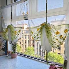 防晒纱帘透光不透人窗帘高级感白绿纱撞色毛绒绣花帘