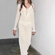 2025欧美镂空长裙沙滩罩衫V领系带裙长款拖地波西米亚长款连衣裙
