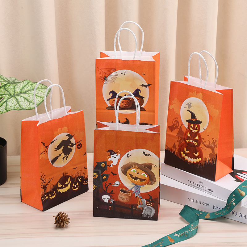 速卖通万圣节牛皮纸袋卡通南瓜头礼品包装袋万圣节糖果袋手提袋