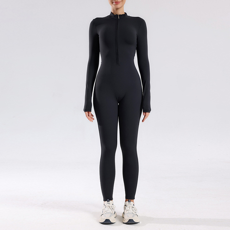 Ropa de yoga de una pieza de manga larga delgada con cremallera desnuda de una pieza con cuello alto