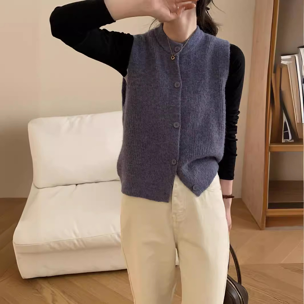 24 Dongpuyuan coreano color sólido sin mangas chaleco de punto para mujeres otoño de 2024 nuevo