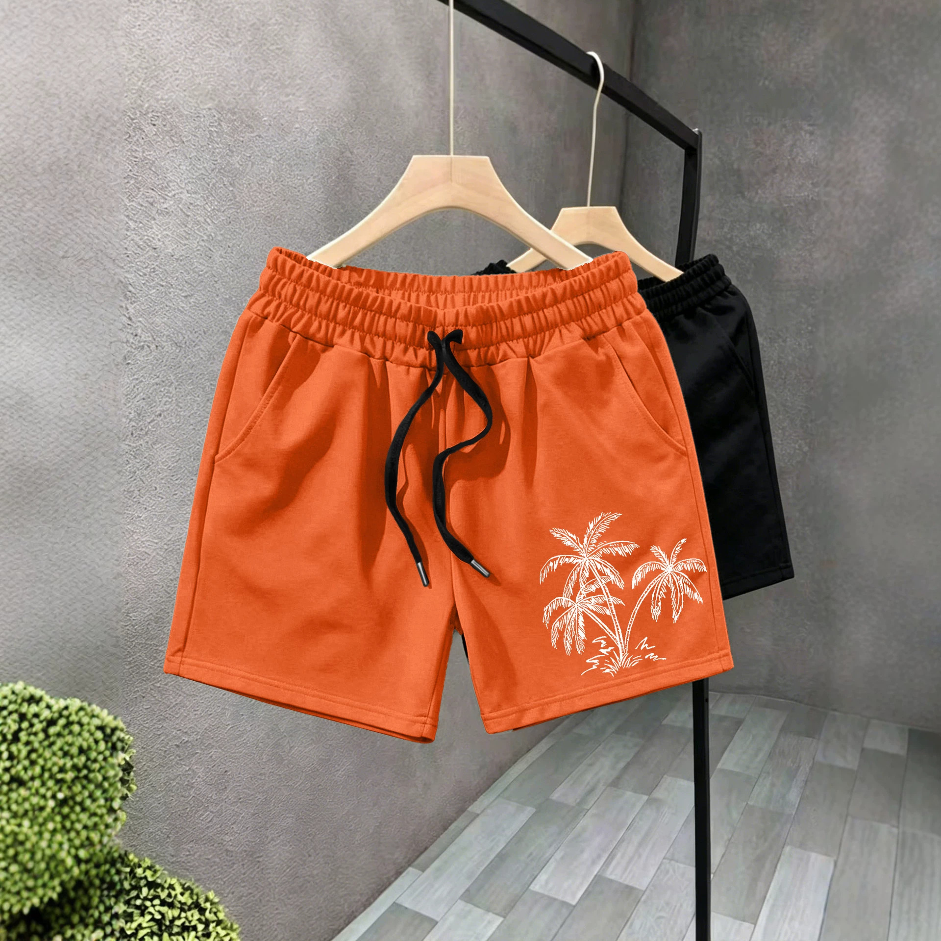New Summer Style Coconut Tree Print Men's Three Quarter Swim Trunks, Quick Drying Beach Sports Shorts, Casual Sports Shorts_voghion.com