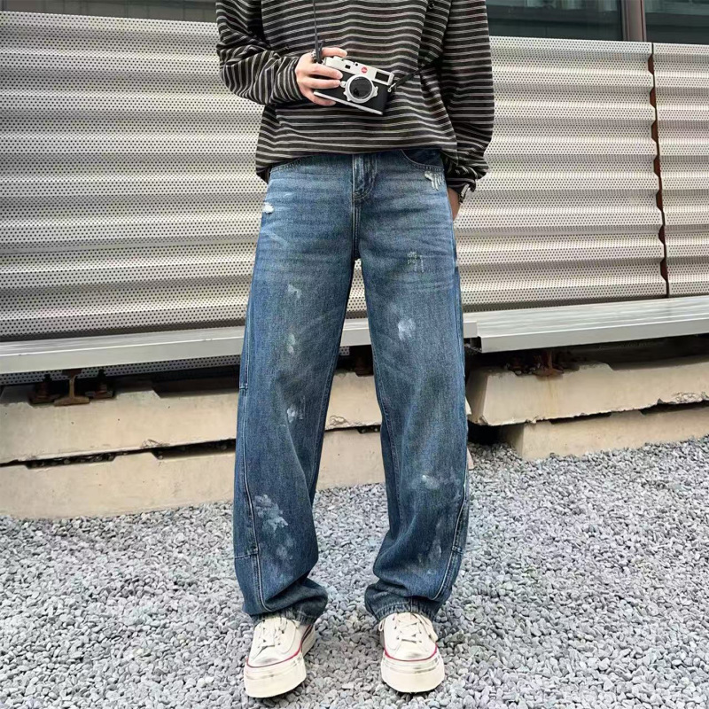 2026 American Retro High Street Washed Ripped Paint-Stained Patchwork Non-Stretch Dark Blue Loose Straight Simple Jeans