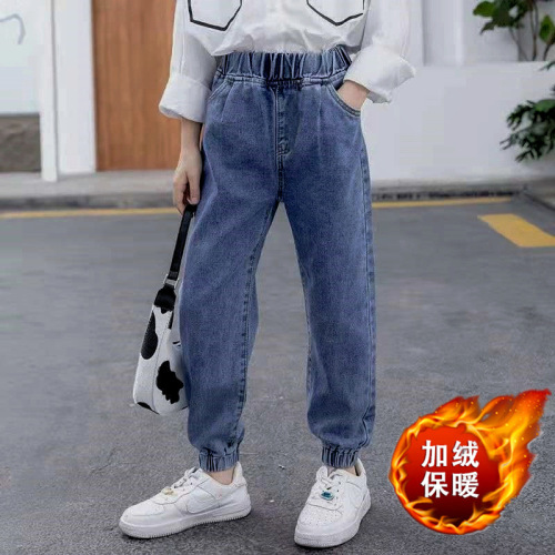 Girls' jeans, velvet and thickened, new autumn and winter, big and small children, girls and children's warm long pants