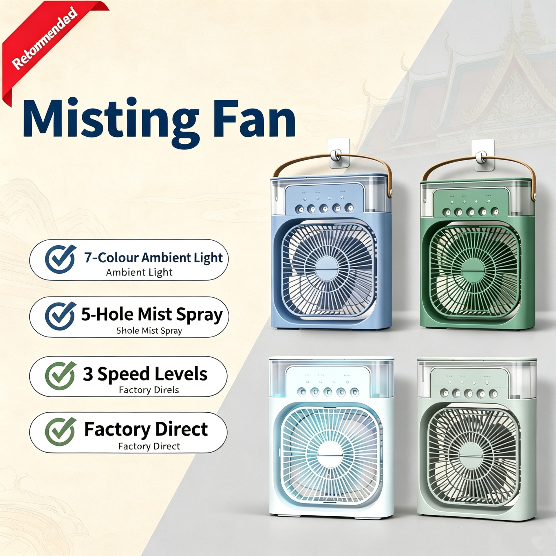 Cross-border bestseller humidifying five-nozzle spray fan, portable USB desktop fan with strong airflow, handheld silent large electric fan