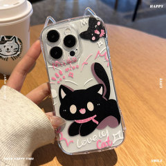 Iphone16透明でかわいい黒猫の携帯ケースリンゴ13proアニメ子猫の鎖保護カバーを適用する