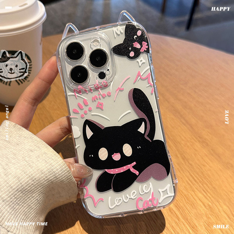 Suitable for iPhone 17 Transparent Cute Black Cat Phone Case Apple 13 Pro Cartoon Kitten Bracelet Protective Cover