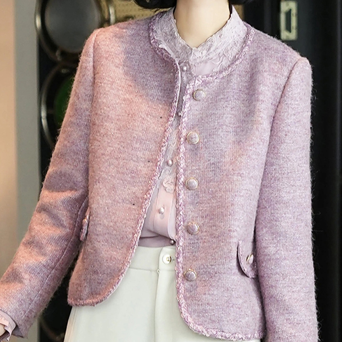 Tweed Style Soft Waxy Pink Purple Tweed Jacket for Women Autumn and Winter 2025 New High-End Slimming Look Short Top