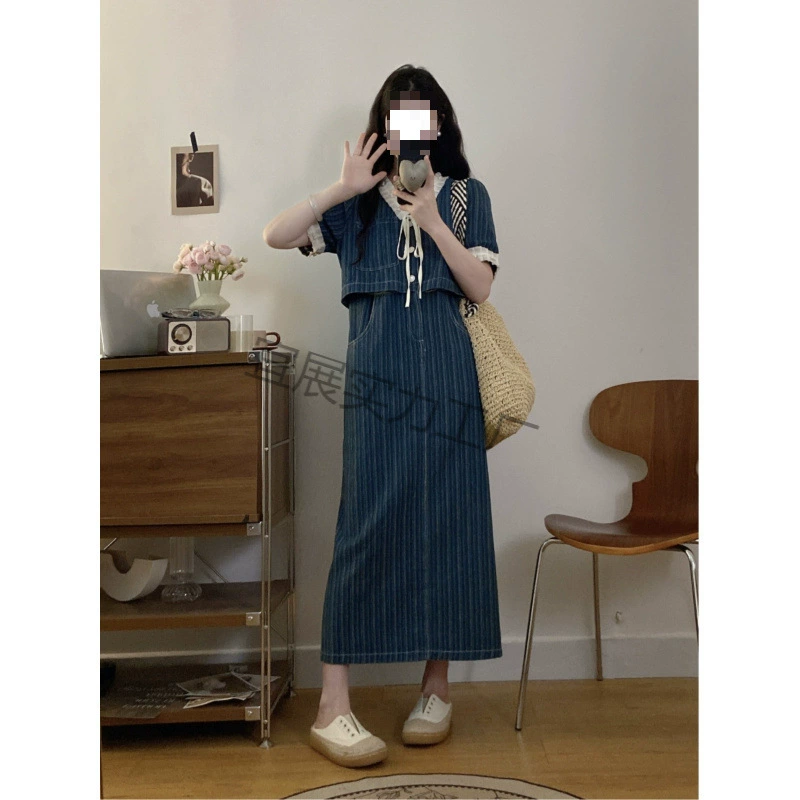 Летнее платье больших размеров в корейском стиле, тонкое сетчатое джинсовое платье с v-образным вырезом и бисером, женская юбка из двух частей