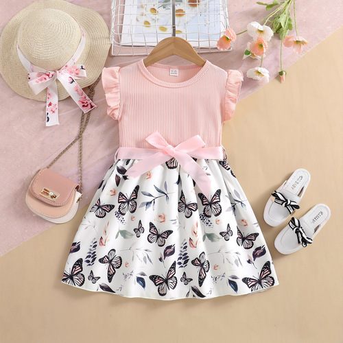 Shopify Bestselling Girls' Round Neck Short Sleeve Plated Princess Dress with Butterfly Print Dress + Belt Children's Clothing