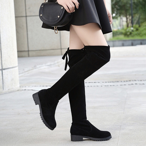 Winter and Autumn Women's Suede Knee-High Boot with Low Heel Flat Sole and Cotton Warm Cover Boot