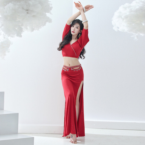 Belly Dance  Summer New Hot Diamond Practice Clothes Hollow Long Skirt Sexy Oriental Dance Slimming Performance Clothes