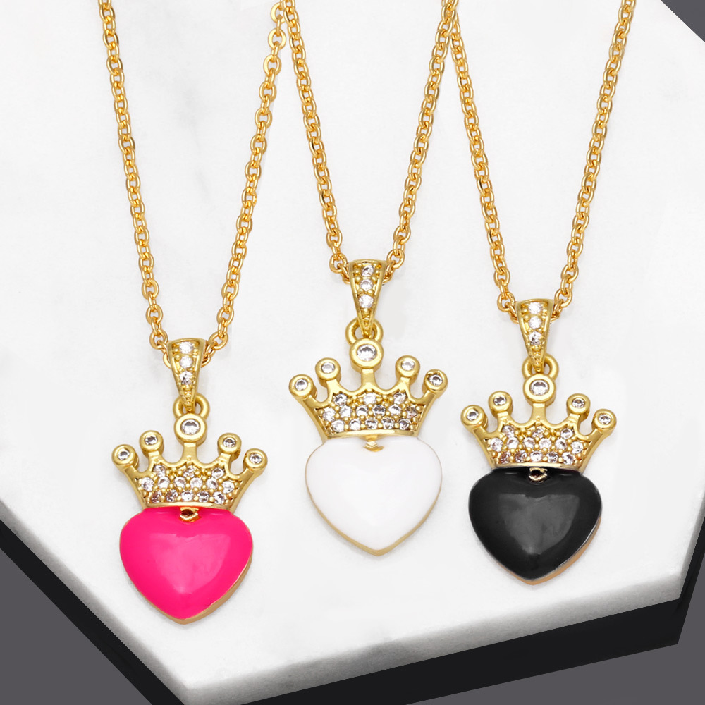 Fashion Heart Shape Crown Copper Pendant Necklace Inlay Zircon Copper Necklaces