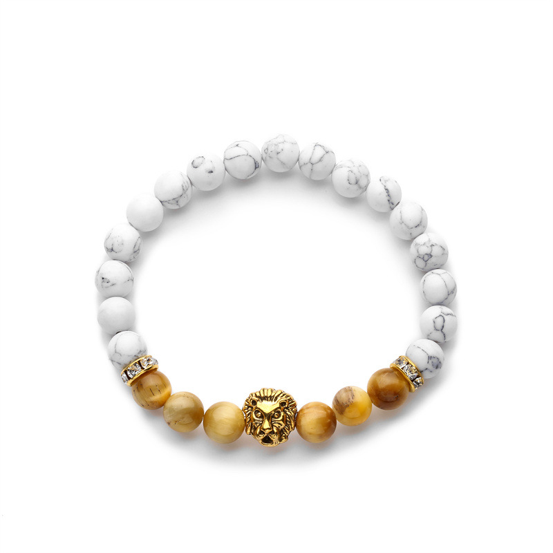 Pulsera de cuentas de piedra esmerilada de pino blanco transfronterizo europeo y americano colorido Ojo de tigre piedra cabeza de león pulsera de cuentas hombres y mujeres joyas