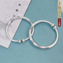 多福南瓜头镀银手镯女复古哑光开口实心贵妃银镯子中国风工厂批发